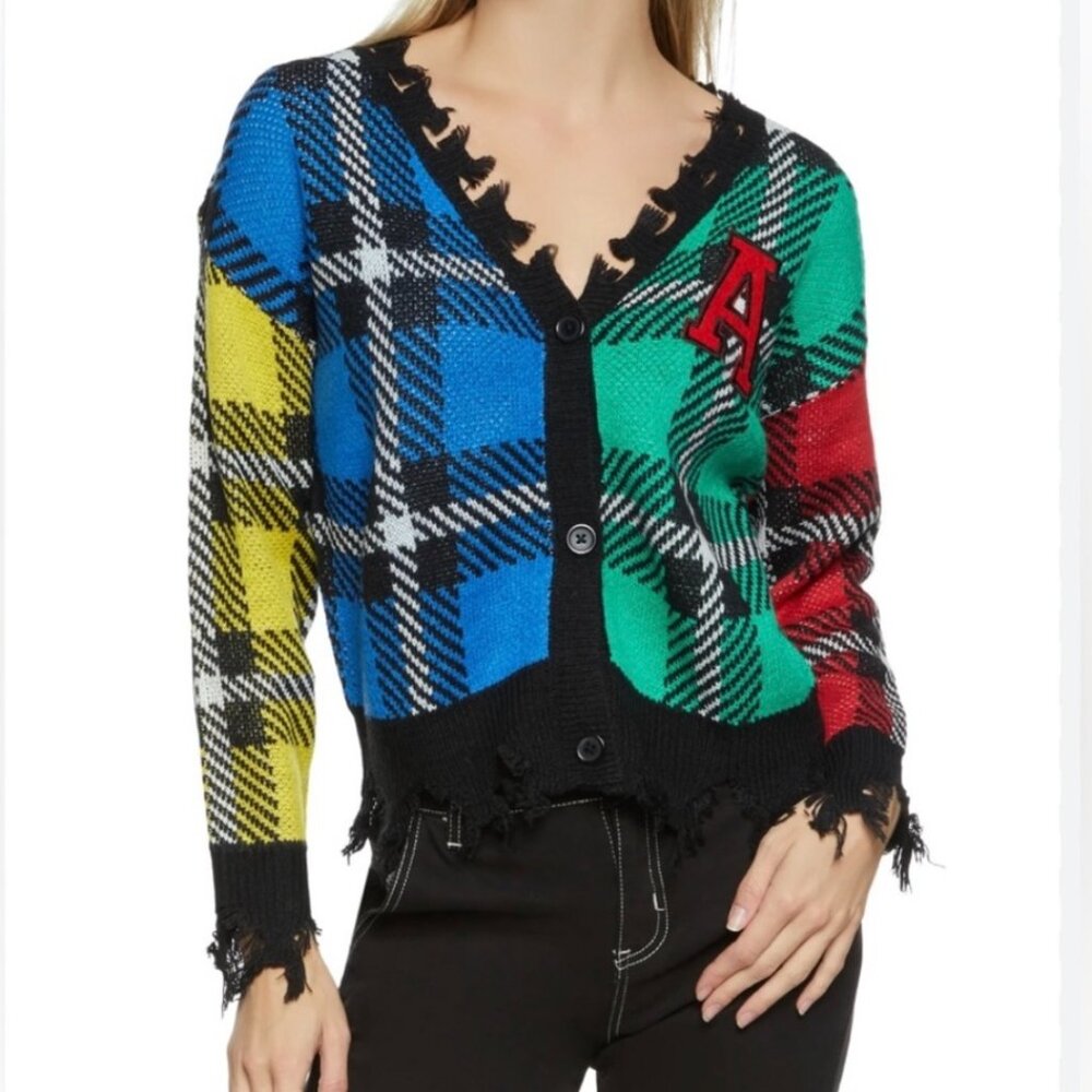 Runway 7 Distressed Color Block Plaid Cardigan Sweater